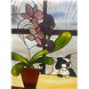 Image 2 : Large Stained Glass With Flower and Cat, No Frame Needs Re Soldering in 1 Spot. NO SHIPPING