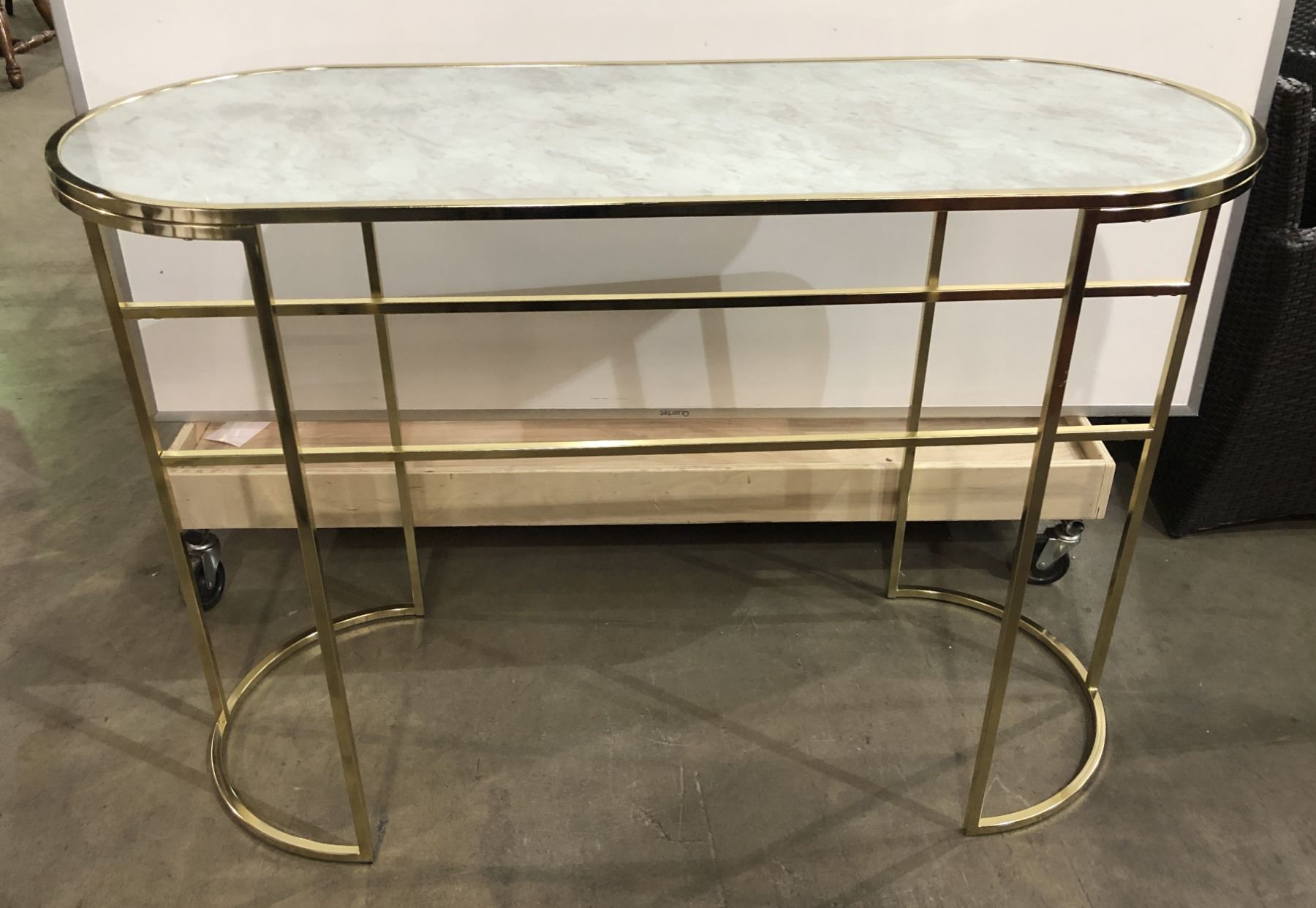 Contemporary glass top metal bar table (approx 53" x 23 1/2"x 26 1/2")