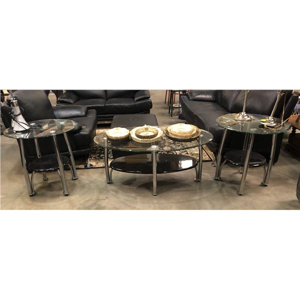 Set of 3 living room glass top tables from estate includes 2 tier