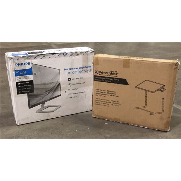 Group of 2 items - PrimeCables ajustable TV tray table w/ Philips E Line 24  LCD monitor (store retu