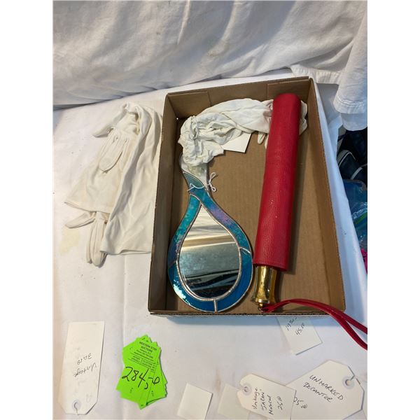 Vintage mirror, umbrella and gloves