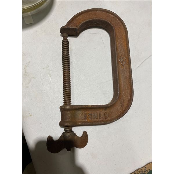 Large Metal C clamp 2 squares sm/lg wood brass