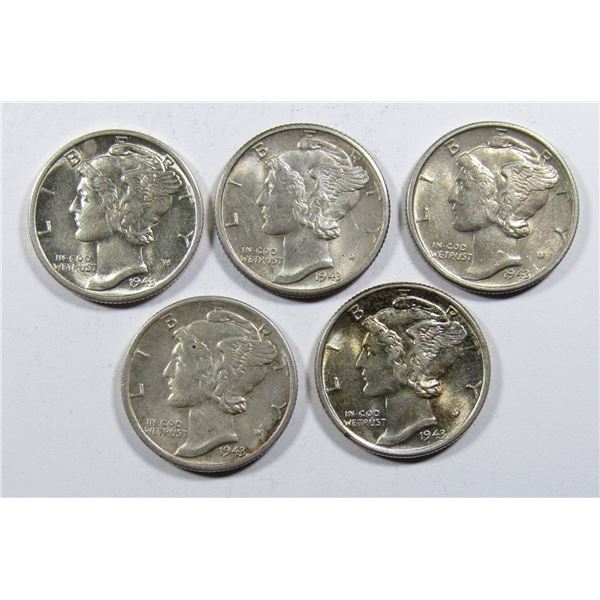 (1) 1943 & (4) 1943-D MERCURY DIMES AU/BU