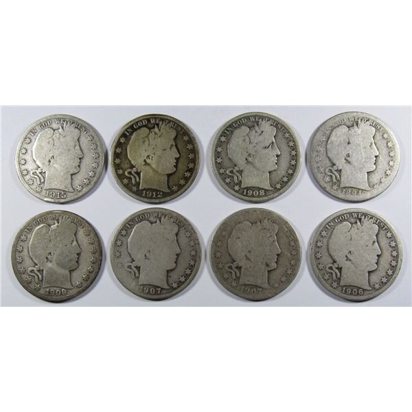 8-MIXED DATE BARBER HALF DOLLARS