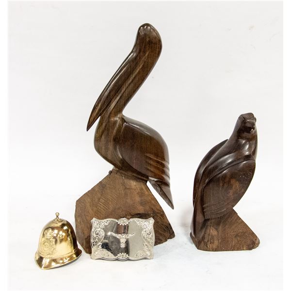 STATUES WOODEN PELICAN, WOOD EAGLE