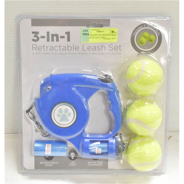 NEW SEALED 3 IN 1 RETRACTABLE LEASH SET INCLUDING