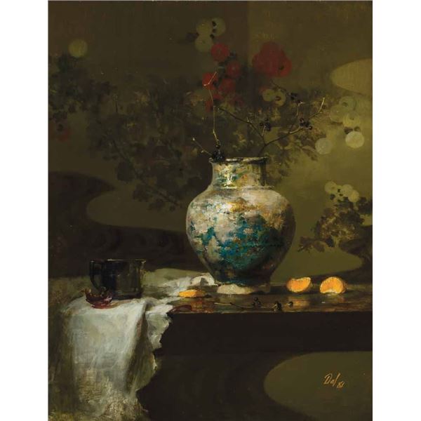 David Leffel-Chrysanthemums and Roses with Persian Vase