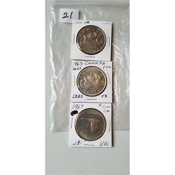 3 UNC SILVER DOLLARS 1965, 1966, 1967