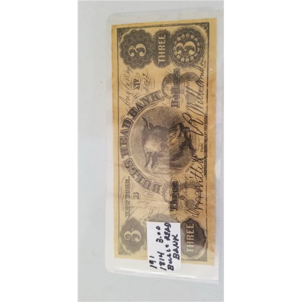 1814 BULL'S HEAD BANK $3.00 NOTE NO GUARENTEE OF AUTHENTICITY