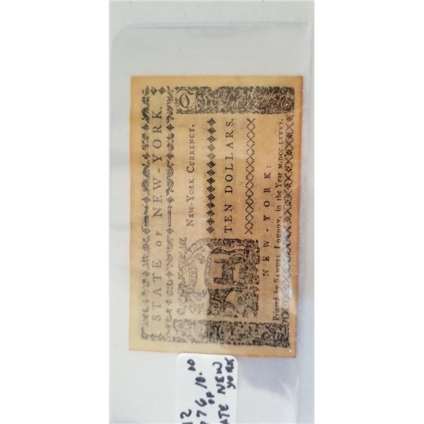 1776 STATE OF NEW YORK $10.00 NOTE NO GUARANTEE OF AUTHENTICITY