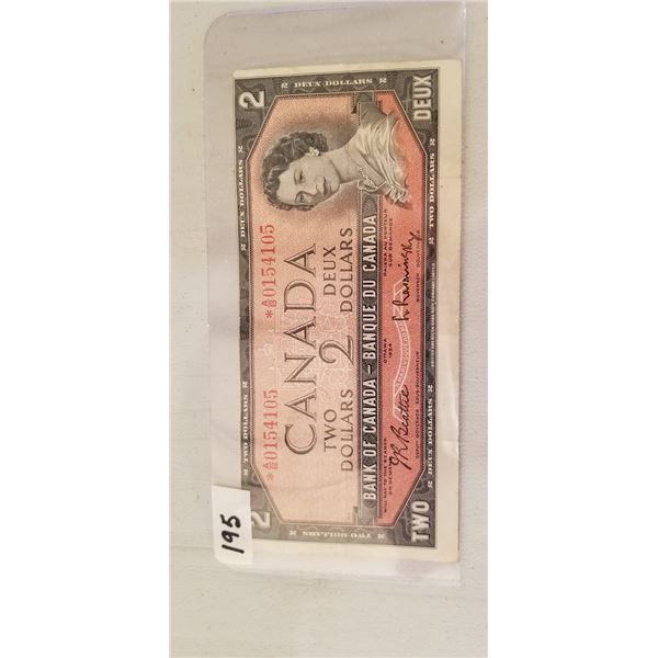 1954 CANADA $2.00 REPLACEMENT NOTE CUT OFFSIDE *A/B0154106