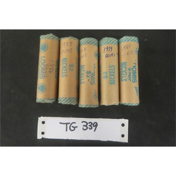 5 Rolls Canada 5 Cent Coins - 1976, 1977, 1979, 1980 