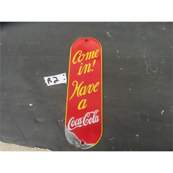 Coca-Cola Vintage Porcelain Palm Press ' Come in ' 3.5" x 12" 