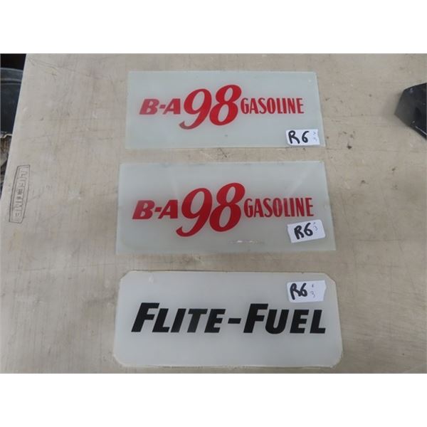 3 Gas Pump Glass Panels ; 2) BA 98 Gas - 5  x 11  & 1) Flight Fuel - 4  x 10  