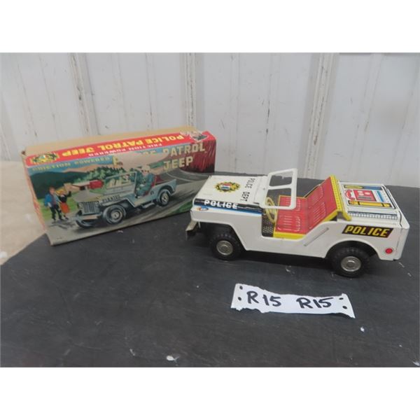 Yone Made in Japan Tin Friction Police Patrol Jeep with Box 3" x 4" x 9" 