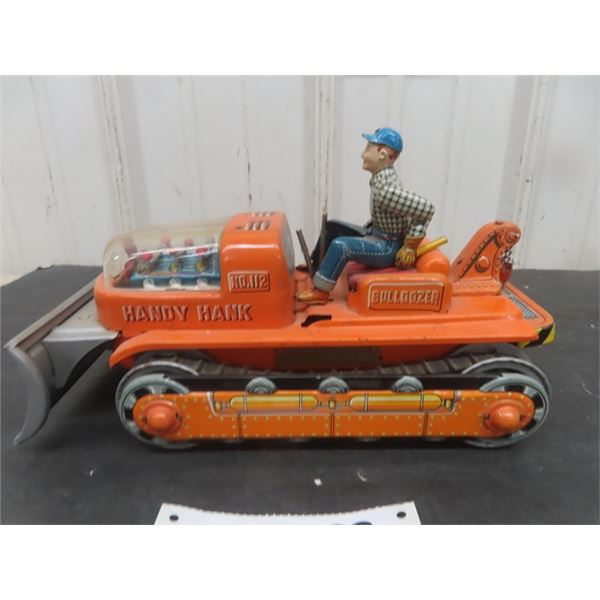 T.N. Tin Made in Japan Battery Handy Hank Bulldozer with Driver 6" x 6.5" x 11.5" 