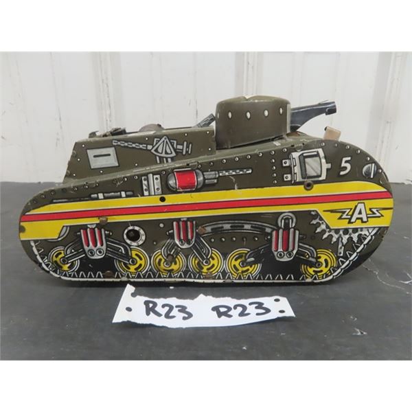 Marx Tin Wind Up Army Tank with Shooter 4" x 5.5" x 10" 