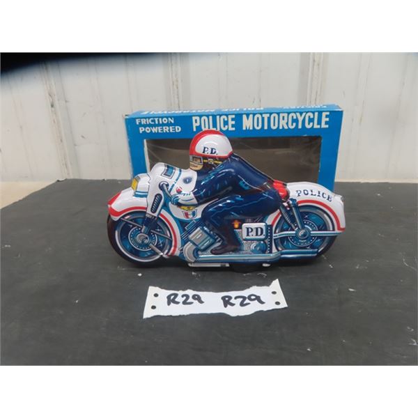 Made in Japan Tin Friction Police Motorcycle with Box 1.5" x 5" x 9" 