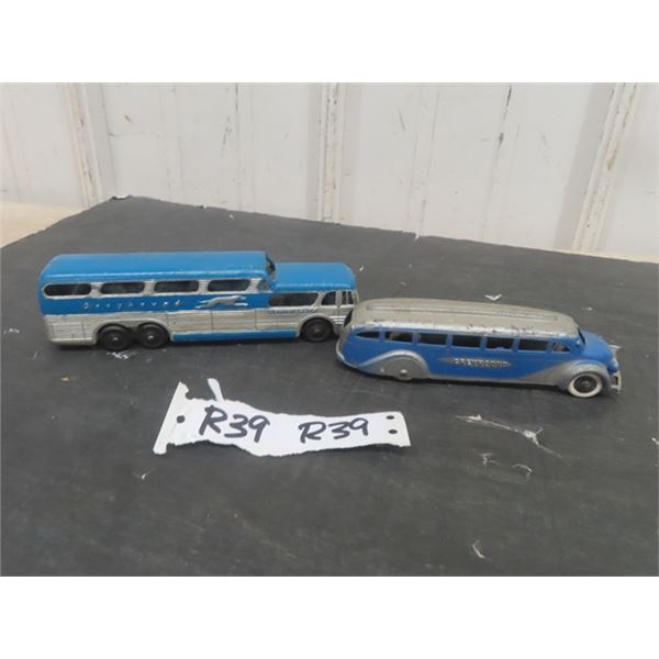 2 Vintage Metal Greyhound Buses ; 1) 1.5" x 1.5" x 6" & 1) 1.5" x 1.5" x 7" 