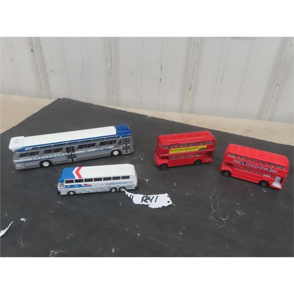 4 Buses ; (2) Greyhound, (2) Double Decker - Biggest Corgi 9.5" Long 