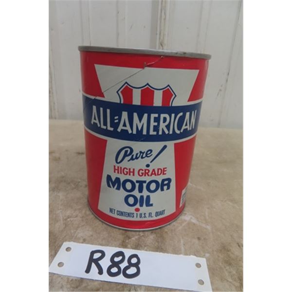  All American High Grade Motor Oil 1 US Quart Cardboard Container - Full of Contents