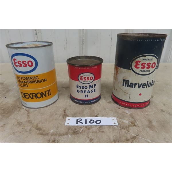 Esso MP Grease 1 lb Tin, Esso Marvelube 1 Quart Tin, Esso Dexron II Transmission 1 L Tin - Full of C