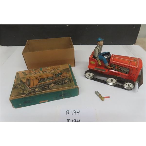 Pressed Tin Vintage Bulldozer with Rider in Original Box - Japan - KO - 7'' Long 