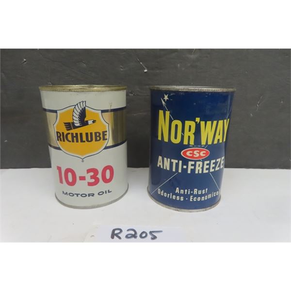 Richlube 10-30 Motor Oil 1 Quart Tin, Nor'Way Antifreeze Tin 1 Quart