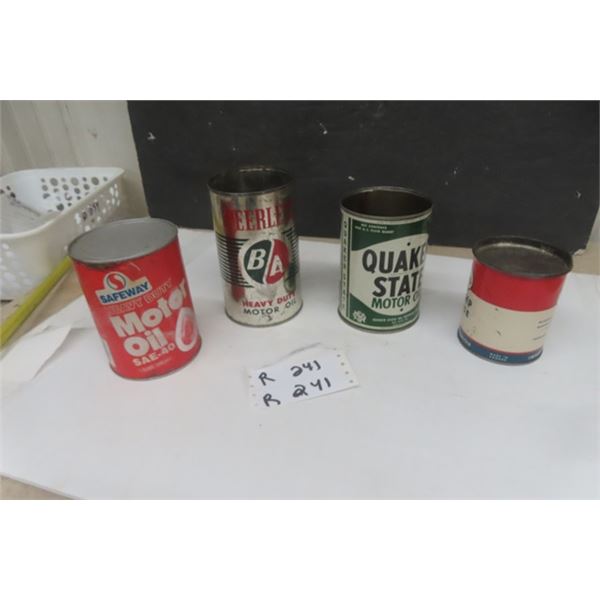 4 Oil Cans ; Safeway Motor Oil Cardboard Quart, BA Quart, Quaker STate Quart, Esso 1lb Grease