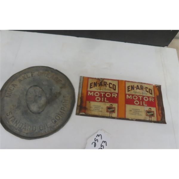 Flattened En-Ar-Co Quart Can & Standard Oil Company Grease Pail Lid Embossed - 10" Wide