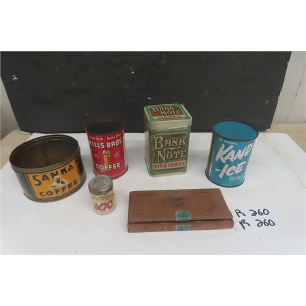 Sanka Coffee Tin, Hills Bro Coffee Tin, Bank Note Tin, Kand-Ice Tin, Tripsis Snuff Tin, Hollywood Ci