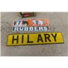 Image 3 : Modern Goodrich Rubber Sign 5.5" x 14.5" , Hilary Sign 4" x 20" - Plastic on Metal & Cornflakes Tin 