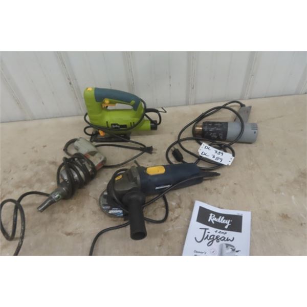 4 Power Tools; Radley Jig Saw, Heat Gun, Mastercraft Angle Grinder, B+D Drywall Gun