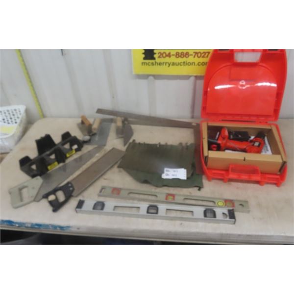 B+D 18V Cordless Drill, Levels, Square, Miter Saw, Wood Bits, Trowels