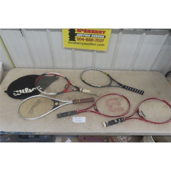 4 Wilson Tennis Raquets, 1 Slazenger, 1 Wilson is Stringless