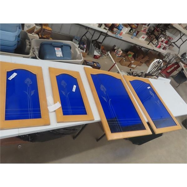 4 Cupboard Doors with Cobalt Glass with Etched Flowers : (2) 13"×24" + (2) 24"×36"