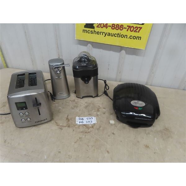 4 Kitchen Appliances: 3 Cuisinart - Toaster, Can Opener + Juicer & Gotham 2 Sided Grill