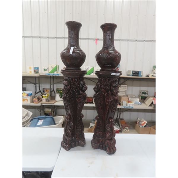 2 Pedestals with Ornate Lions Head 34" Tall & 2 Vases 18" Tall