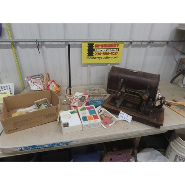 Old Crank Portable Sewing Machine Seamatress + Sewing Accessories 