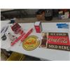 Image 1 : 2 Modern Coke Signs, Napkin Dispenser, Coke Olympic Vehicle Flags, Bear, 6 Pack with Bottles + Carri