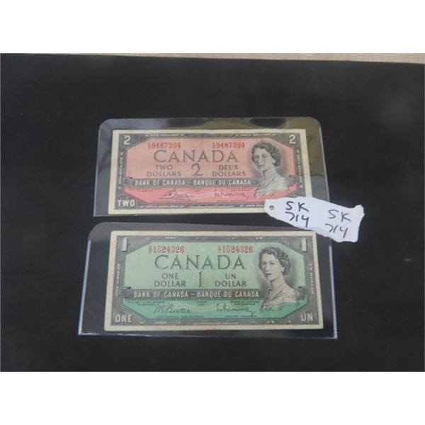 1954 $1.00 & $2.00 Canadian Dollar Bills