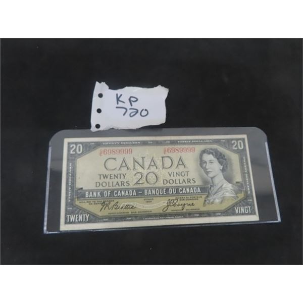 1954 Canada 20 Dollar Bill - Interesting Serial # G/E 6989999