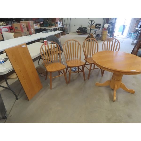 Oak Pedestal Table 30" x 42" plus 18" Leaf & 4 Chairs