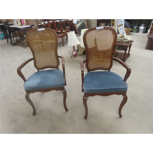 2 Captain Dining Room Chairs - Upholstered, Seats Cane Back