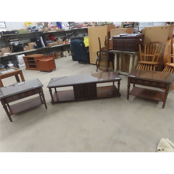 3 pc Table Set with Glass Top Protectors ; Coffee Table 17  x 20  x 60  + 2 End Tables 20  x 20  x 3