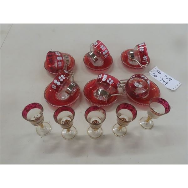 Cups, Saucers, Shot Glasses; Ruby Crystal