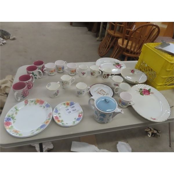 Plates, Tray, Cups, Tea Pot - some Vintage, some Modern - Swimerton, Royal Castle, Sedler, Corelle, 