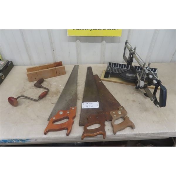 3 Handsaws, Heavy Duty Mastercraft Miter Saw, Bit Brace Drill, Miter Box 