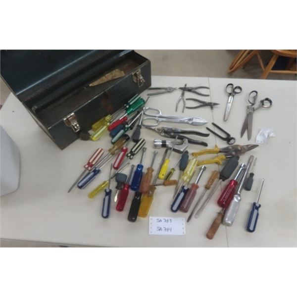 Assorted Screwdrivers, Snips, Pipe Cutter Scissors, Beach Tool Box, Measuring Tools 