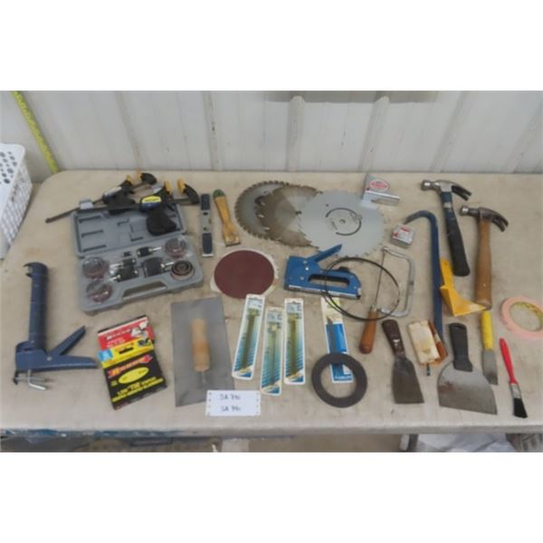 Saw Blades, Hammers, Crow Bar, Sanding Discs, Scroll Saw Blades, Stapler with Staples, Carpenters De